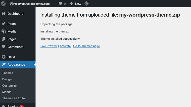 WordPress Theme Successfully Uploaded And Installed